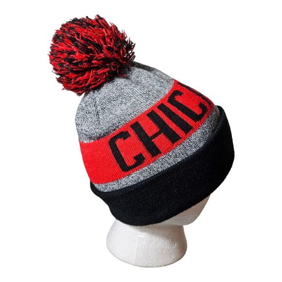 Unbranded Other - City Beanie Chicago Cuffed Pom Pom Beanie Black/Red Lined Inside One SZ